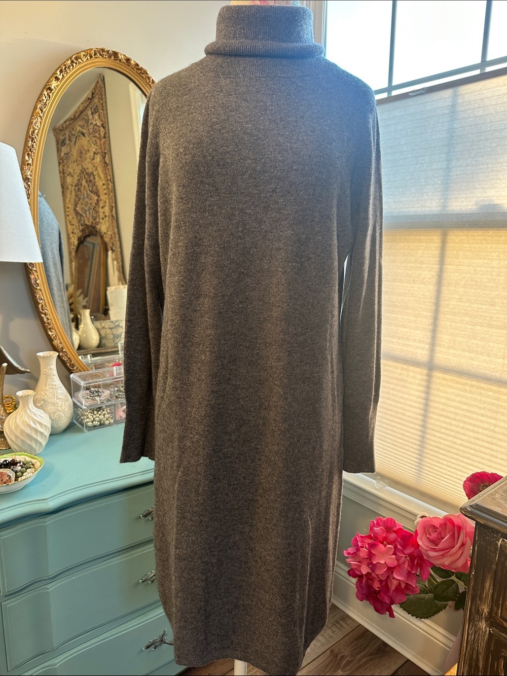 Cashmere Heather Brown Turtleneck Knit Dress - Long Sleeve